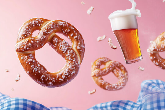 Bavarian soft pretzels with white salt and beer , blue checkered cloth floating leviating in the air, motion, on a smooth solid pastel pink background, soft shadows. minimalistic modern trendy 