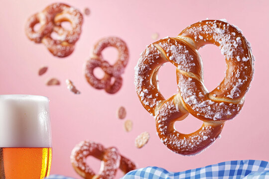 Bavarian soft pretzels with white salt and beer , blue checkered cloth floating leviating in the air, motion, on a smooth solid pastel pink background, soft shadows. minimalistic modern trendy 