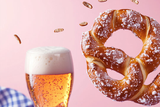 Bavarian soft pretzels with white salt and beer , blue checkered cloth floating leviating in the air, motion, on a smooth solid pastel pink background, soft shadows. minimalistic modern trendy 