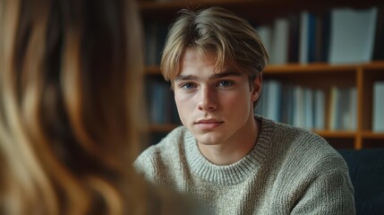 Young adult receiving therapy for post-traumatic stress, PTSD, mental health treatment.