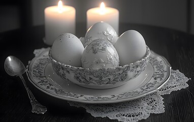 Fototapeta premium Elegant candlelit still life featuring eggs in ornate bowl on lace