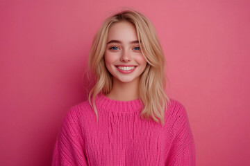 Fototapeta premium beautiful blue eyed blonde young woman wearing knited vibrant pink sweather is smiling on camera, isolated on pastel solid smooth pink background