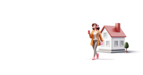3D, Modern young girl walks near the house listening to music in headphones and with coffee in hand. The beautiful character of a fashionable girl for advertising concepts of lifestyle. Vector