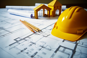 Architectural project image with pencils and hard hat, construction and planning concept
