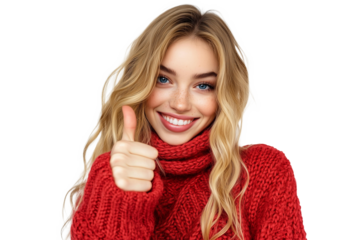 beautiful blue eyed blonde young woman wearing knited vibrant red sweather is smiling and showing thumb up on camera, isolated on background, png 