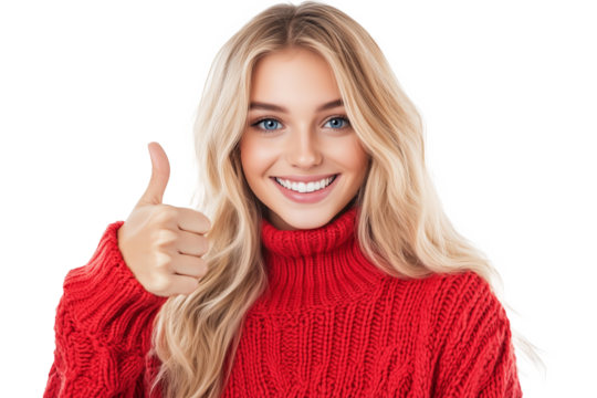 beautiful blue eyed blonde young woman wearing knited vibrant red sweather is smiling and showing thumb up on camera, isolated on background, png 