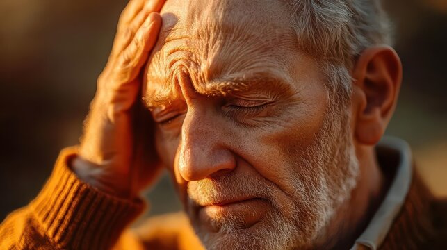 Senior man experiencing memory loss holding his head, cognitive decline, seeking elderly care assistance. - Powered by Adobe
