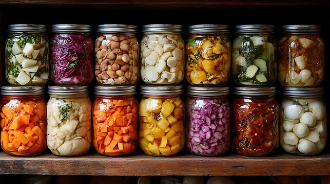 A shelf filled with various jars of preserved vegetables and beans.
