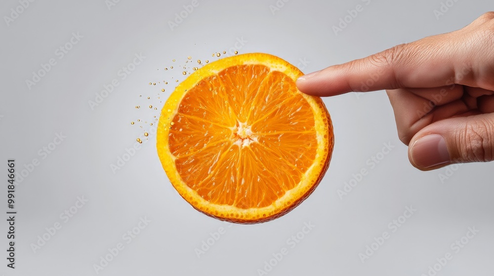 Poster orange slice disintegration: a hand delicately touches a suspended orange slice, causing it to fragm