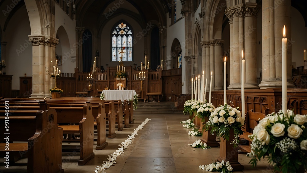 Wall mural wedding decorations in a church.