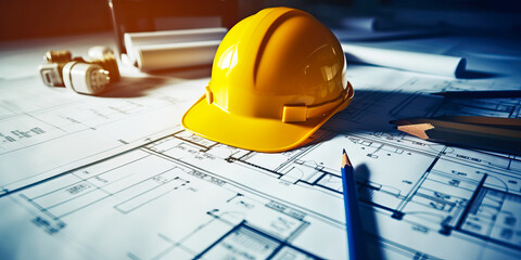 Architectural project image with pencils and hard hat, construction and planning concept