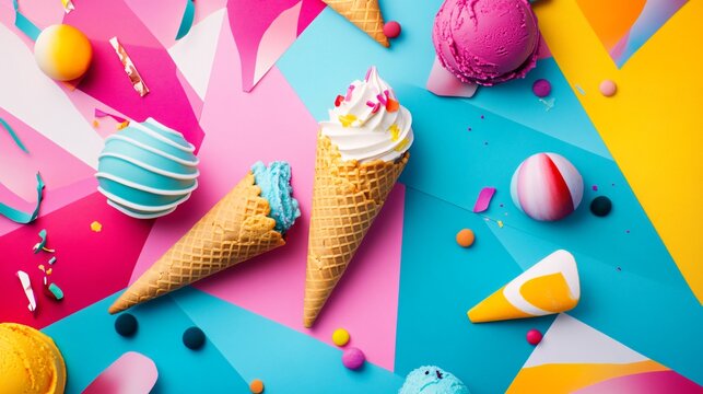 Colorful ice cream cones with sprinkles on pink, blue and yellow background.