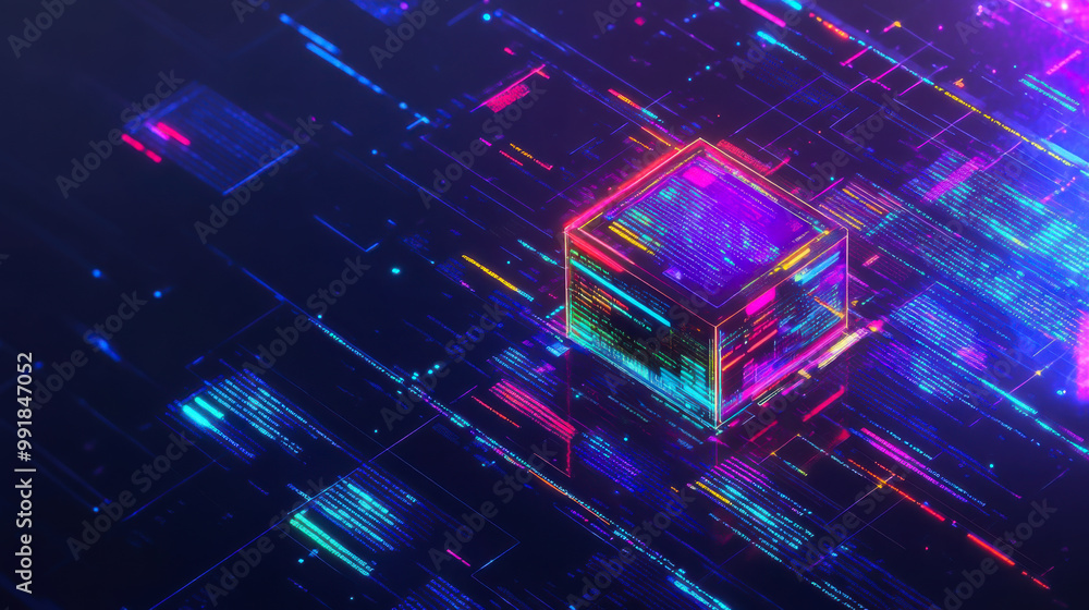 Poster neon-lit coding environment showcasing vibrant screens and digital elements at night in a futuristic