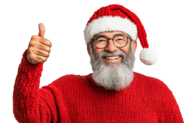 candid and kind senior man with a grey beard and glasses, wearing casual knited vibrant red sweather and santa clause hat is smiling and showing thumb up on camera, isolated on  background