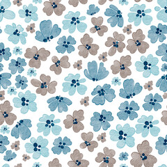 Seamless Small Blue Flowers Pattern. Watercolor illustration with Delicate ditsy floral in doodle style on white isolated background. Floral liberty backdrop for wrapping paper or textile design.