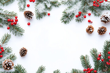 Pine branches, red berries, and pinecones on white background, winter holiday frame with copy space