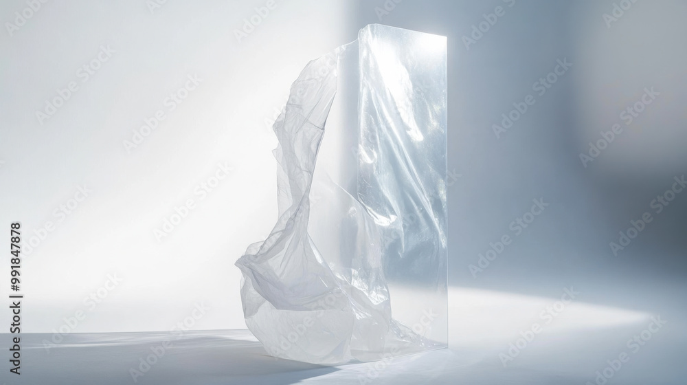 Poster three clear acrylic pillars arranged on a soft gray surface with gentle light illuminating their sur