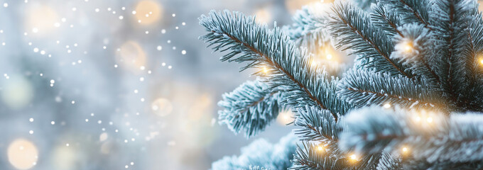 Frosted Christmas tree with lights in snow, winter holiday scene with bokeh lights