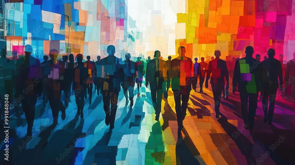 Poster abstract crowd mosaic kaleidoscopic human silhouettes overlapping forms vibrant color blocks dynamic