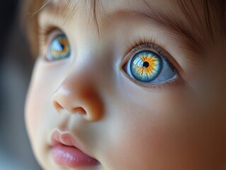 Naklejka premium Oriental baby's right clear-eyed close-up pupil polarized photo image of a baby. geneative ai