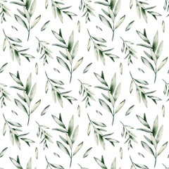 Watercolor leaf seamless Pattern. llustration of botanical ornament with green plant in minimal style on isolated background. Backdrop with branches for textile design or wrapping paper.