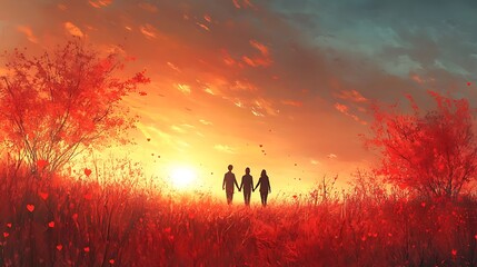 Fototapeta premium Three silhouettes holding hands walk towards a fiery sunset in a field of red flowers.