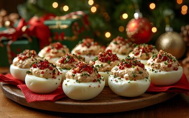 Festive deviled eggs with herbs and spices on christmas table