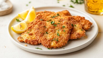 A plate of crispy schnitzel with lemon wedges, isolated on a light beige background with Oktoberfest beer steins in the distance