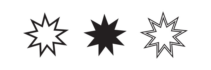 Obraz premium Bahai icon set. nine pointed baha vector symbol. persian star sign in black filled and outlined style.