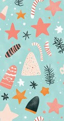 Festive winter-themed decorative pattern featuring ornaments, stars, and candy canes
