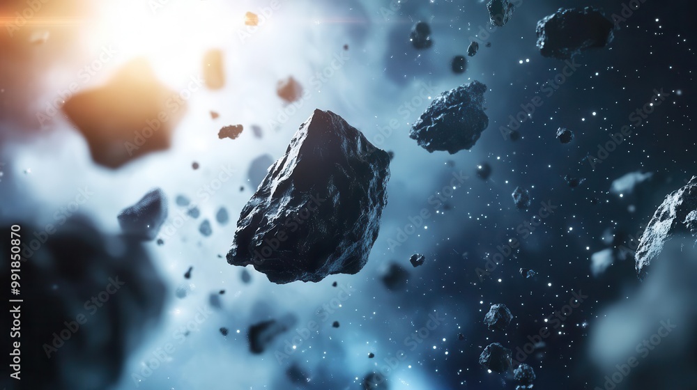 Poster asteroid field with photorealistic rocks and debris dynamic composition with objects floating in spa