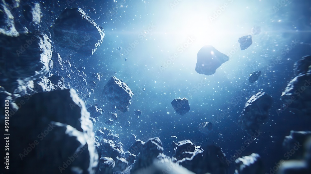Poster asteroid field with photorealistic rocks and debris dynamic composition with objects floating in spa