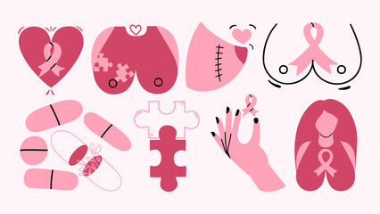 Breast Cancer Awareness set. Medical conceptual vector doodle icons about breast cancer awareness. 