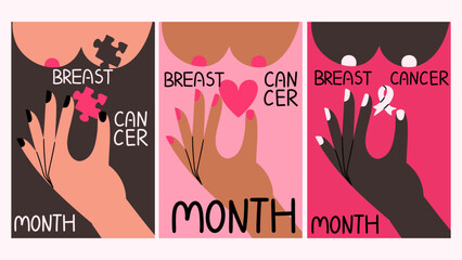 Breast Cancer Awareness posters with pink ribbon, heart and puzzle. Medical conceptual vector illustration.  