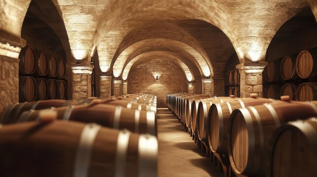 atmospheric wine cellar with rows of oak barrels stretching into shadowy distance soft warm lighting accentuates rich wood tones and creates sense of timeless tradition