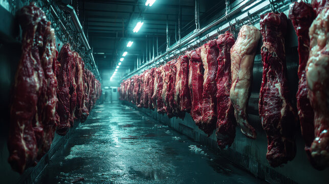 View of a meat processing facility showing hanging beef carcasses in a dimly lit corridor during evening hours