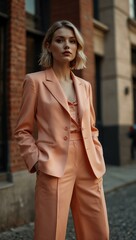 Woman in a peach suit in an urban setting.