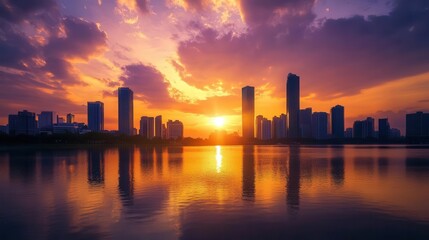 Fototapeta premium breathtaking cityscape silhouette at golden hour vibrant sky with rich oranges and purples sun peeking behind skyscrapers reflection on water dreamy and atmospheric