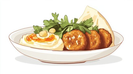 A plate of falafel with hummus and pita, flat color illustration