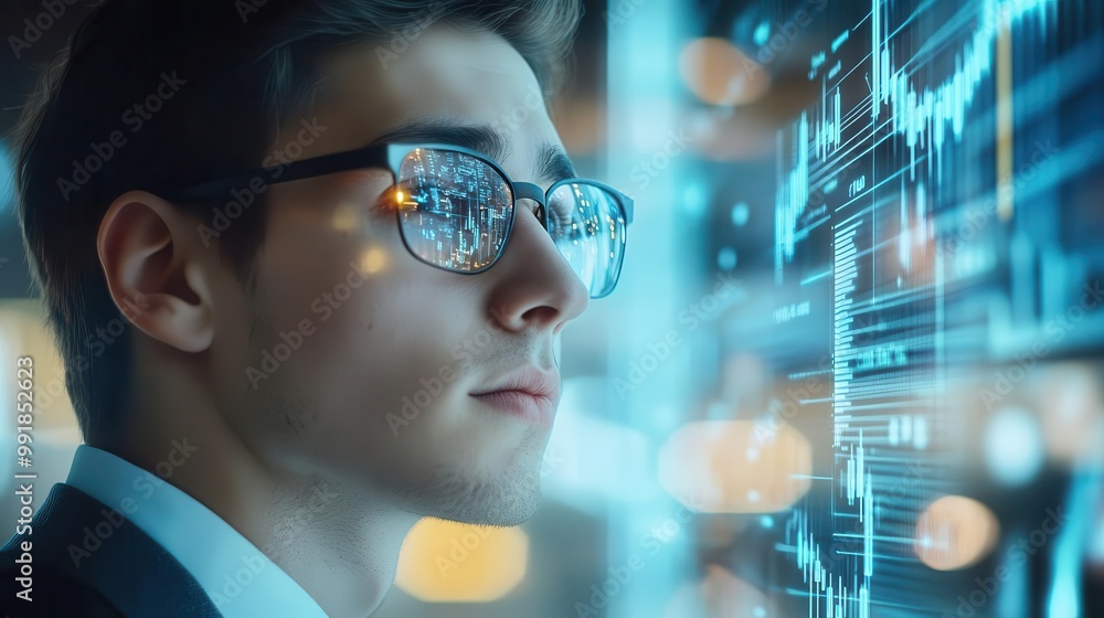 Poster businessman analyzing holographic stock charts and financial data floating in midair with glowing gr