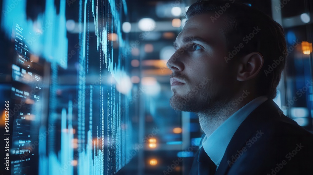 Poster businessman analyzing holographic stock charts and financial data floating in midair with glowing gr
