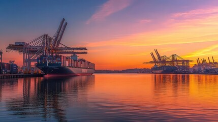 Obraz premium bustling shipping port at golden hour with massive cargo ships and colorful stacked containers cranes silhouetted against vibrant sunset sky reflecting on calm harbor waters
