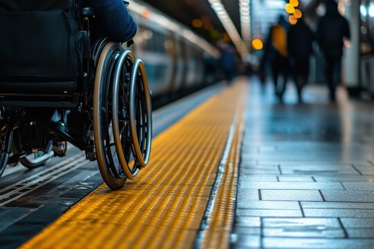 Urban commuting with accessibility: person in wheelchair on a train platform at night