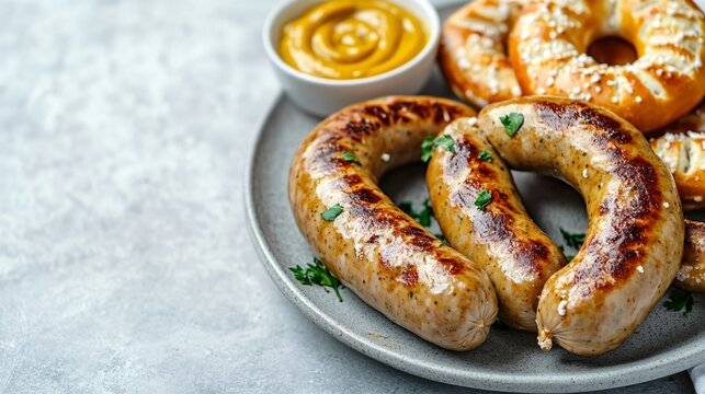 A plate of weisswurst sausages with mustard and a pretzel, isolated on a soft grey background for a modern, minimalist Oktoberfest vibe
