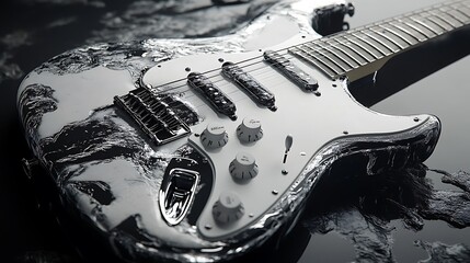 A silver electric guitar with a liquid metal effect, lying on a black surface.