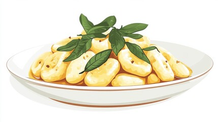 A plate of gnocchi with sage brown butter sauce, flat color illustration