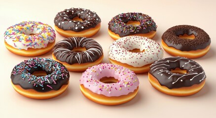 Delicious assortment of colorful donuts arranged in a tempting display on a neutral background
