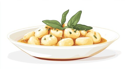 A plate of gnocchi with sage brown butter sauce, flat color illustration