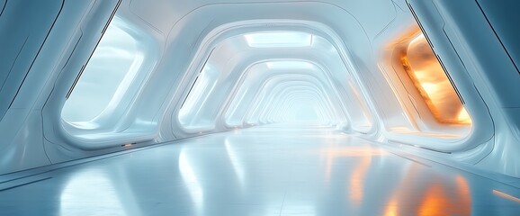 Futuristic white corridor with glowing windows.