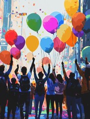 A group of diverse young adults celebrate with colorful balloons, embodying joy and community spirit.